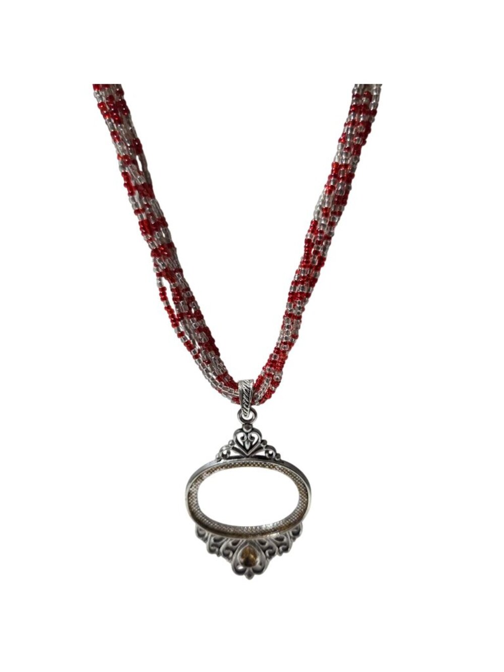 Vintage Beaded Pendant Necklace Ornate Oval Filigree Pendant Accent Stone Red